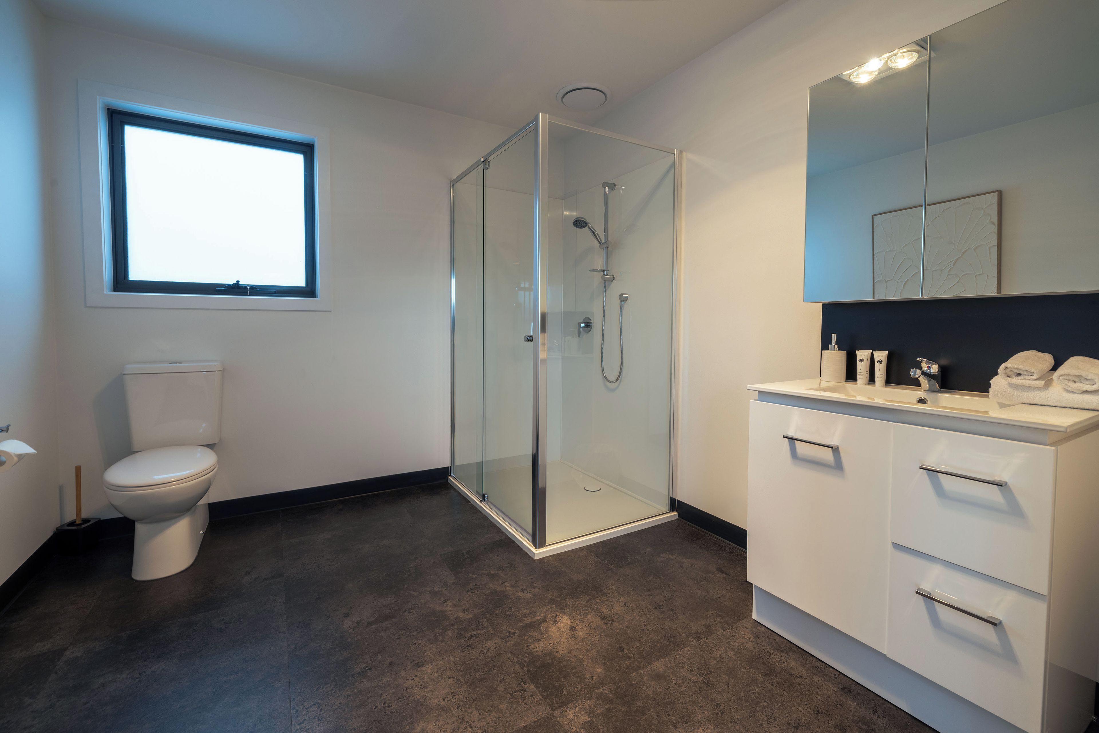A modern bathroom with a toilet, a glass-enclosed shower, and a vanity with a mirror.
