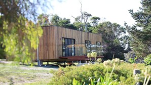 Una cabaña moderna de madera con terraza, rodeada de exuberante vegetación y árboles.