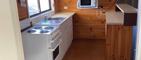A compact kitchen with a stove, sink, and microwave.