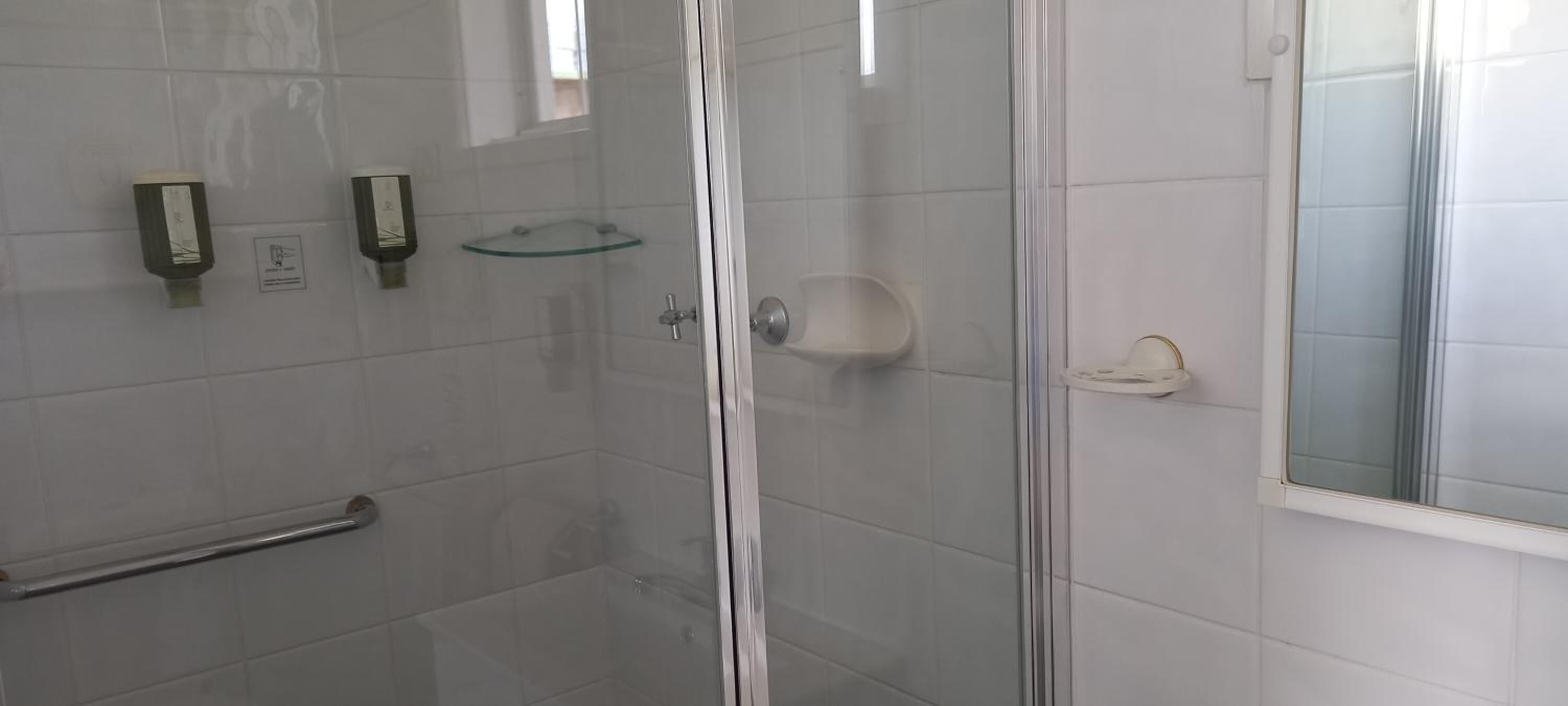 Ducha con mampara de vidrio, repisa de vidrio y barandilla.