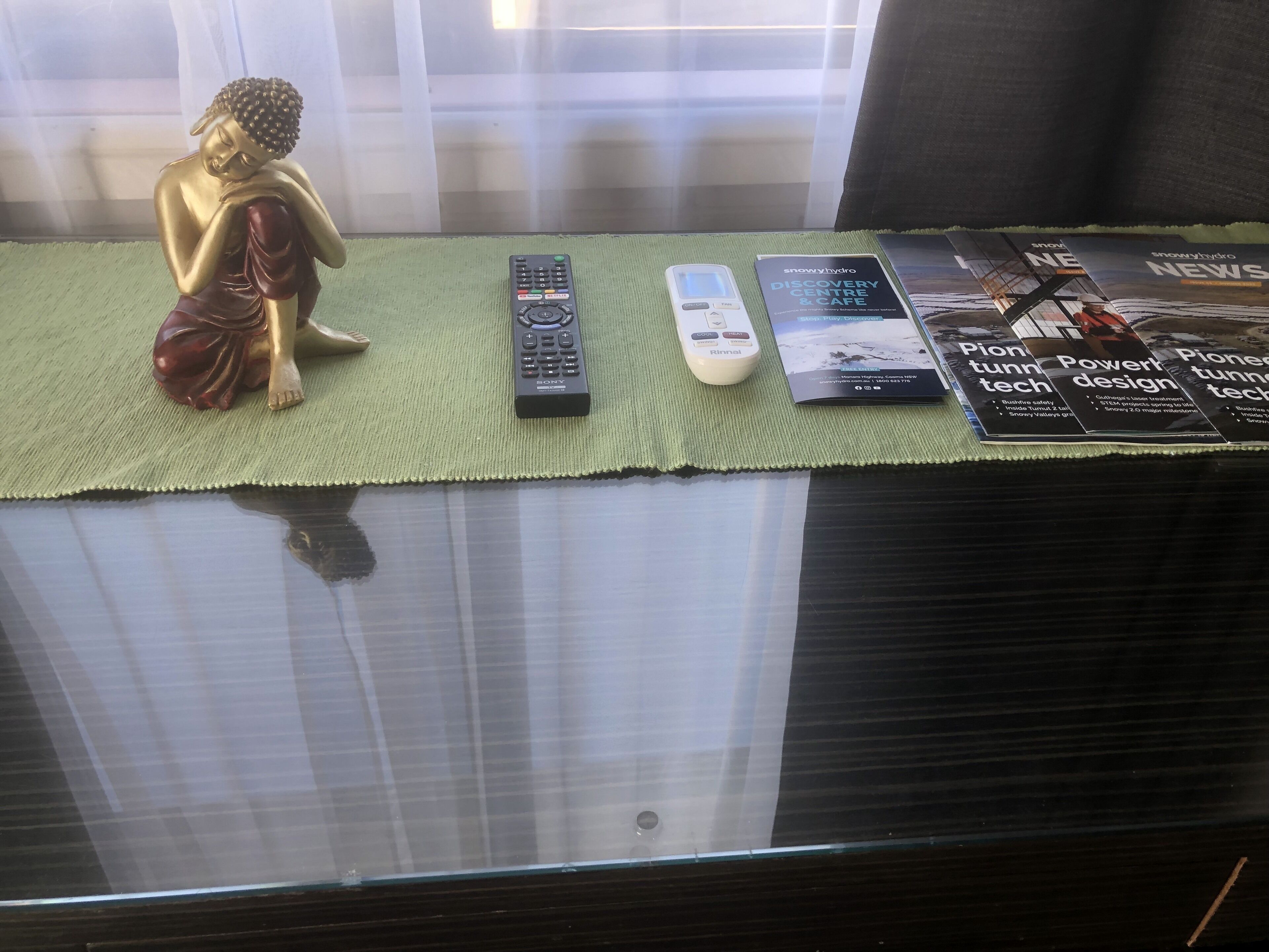 Una estatua de Buda, un control remoto de Sony, un control remoto de Rinnai y un folleto sobre una mesa.