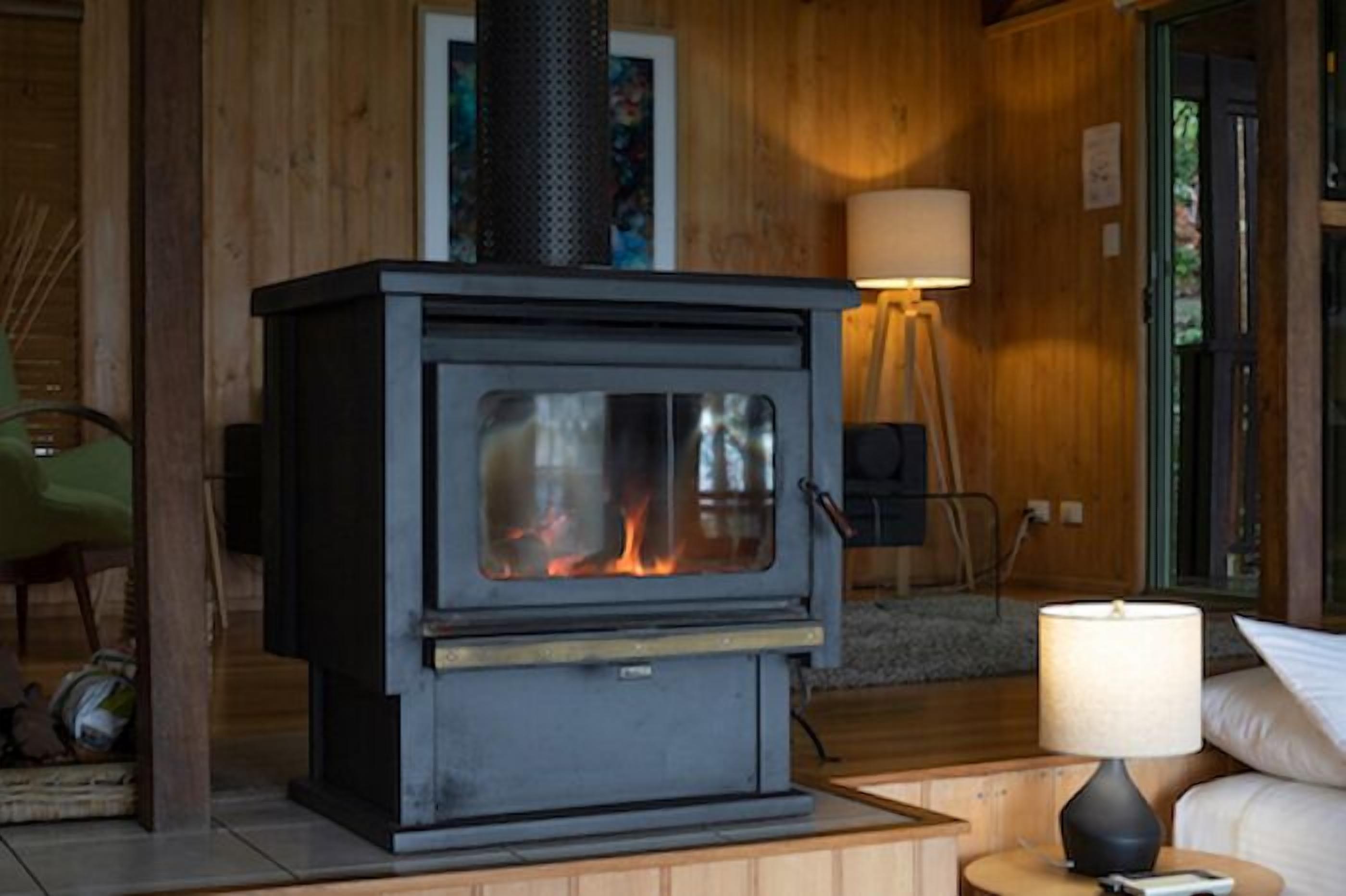 A wood-burning stove in a cozy room with wooden walls and a green door.