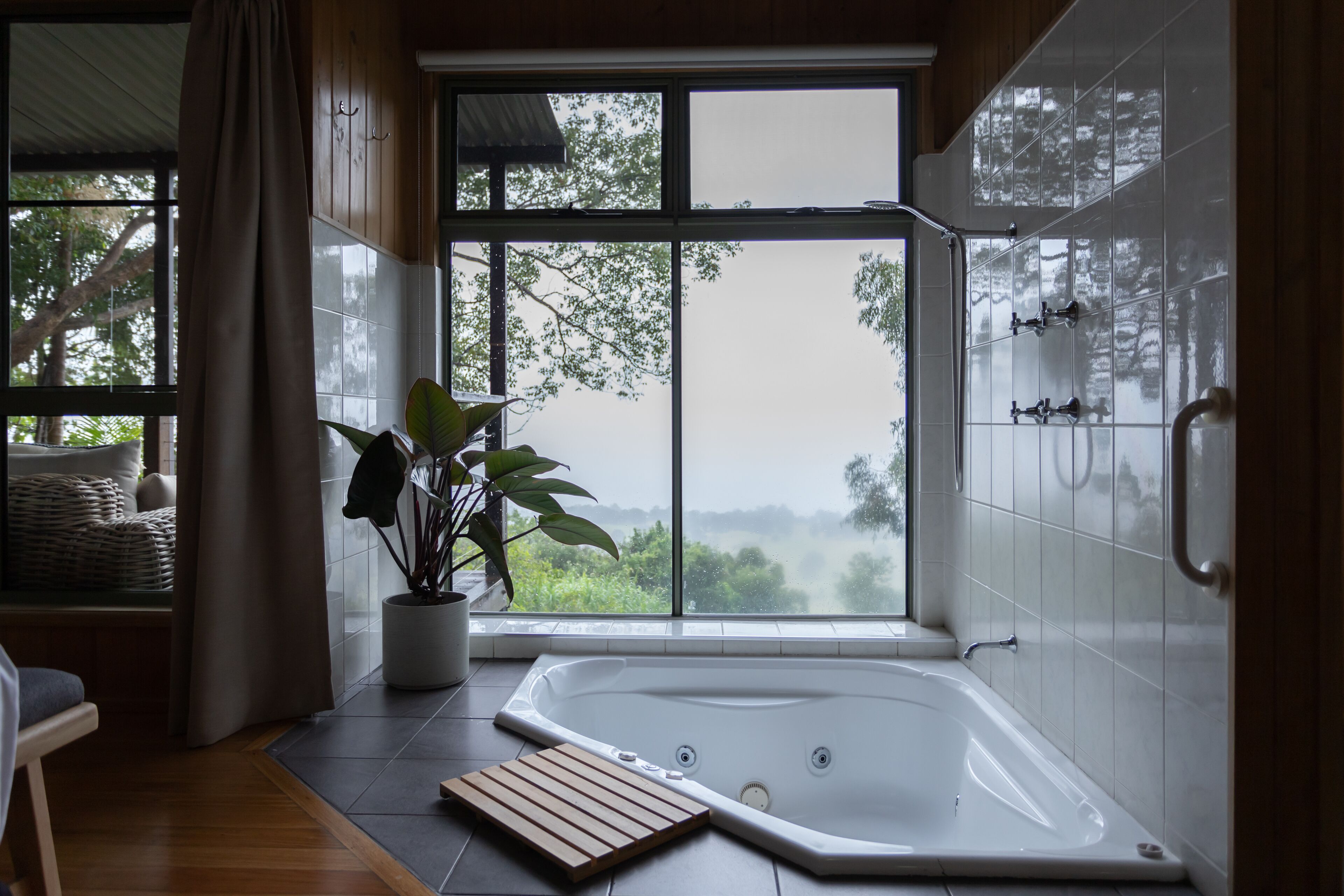 A bathroom with a large window, a bathtub, and a potted plant.