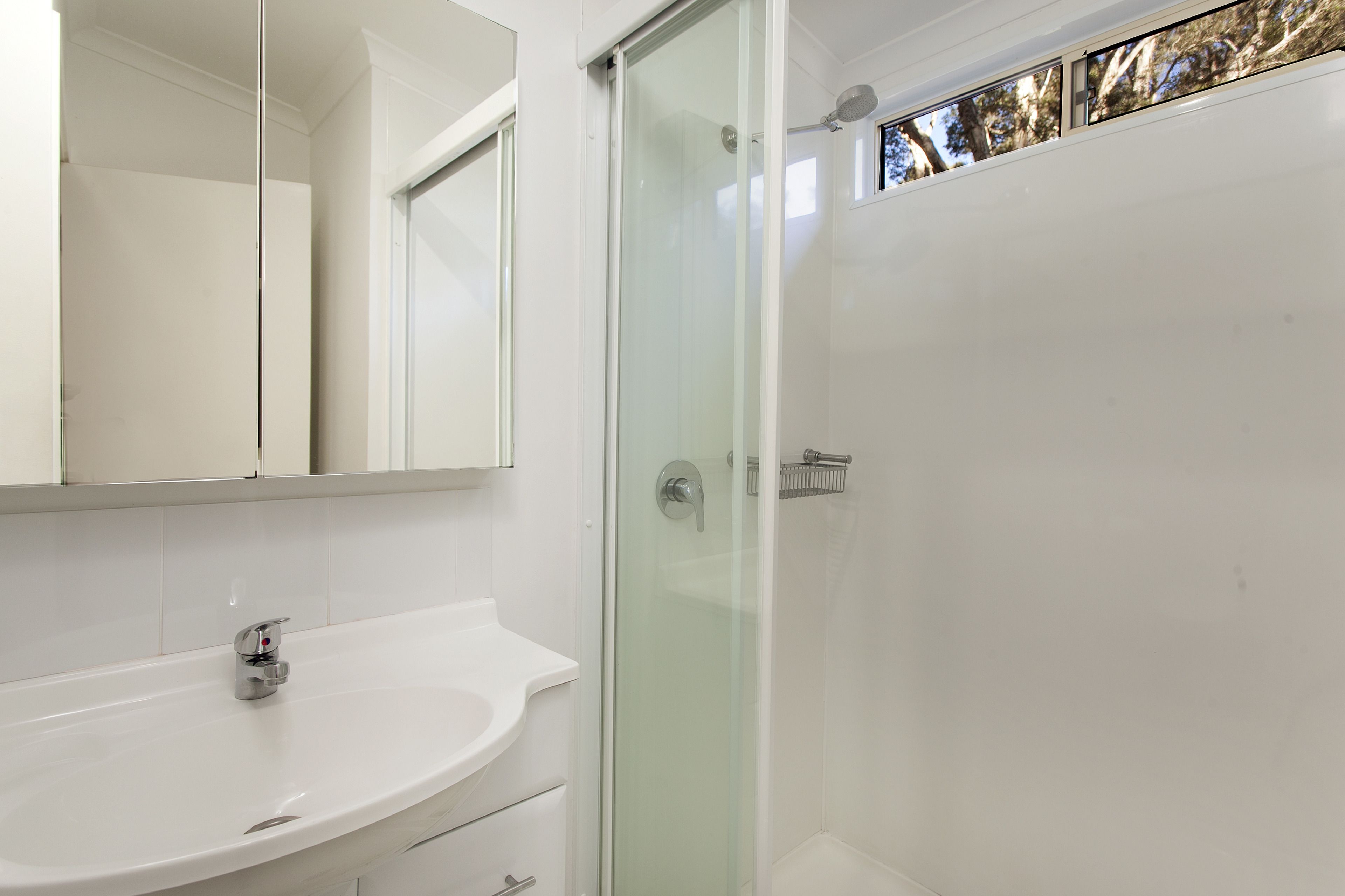 A modern bathroom with a glass-enclosed shower, a white sink, and a large mirror.