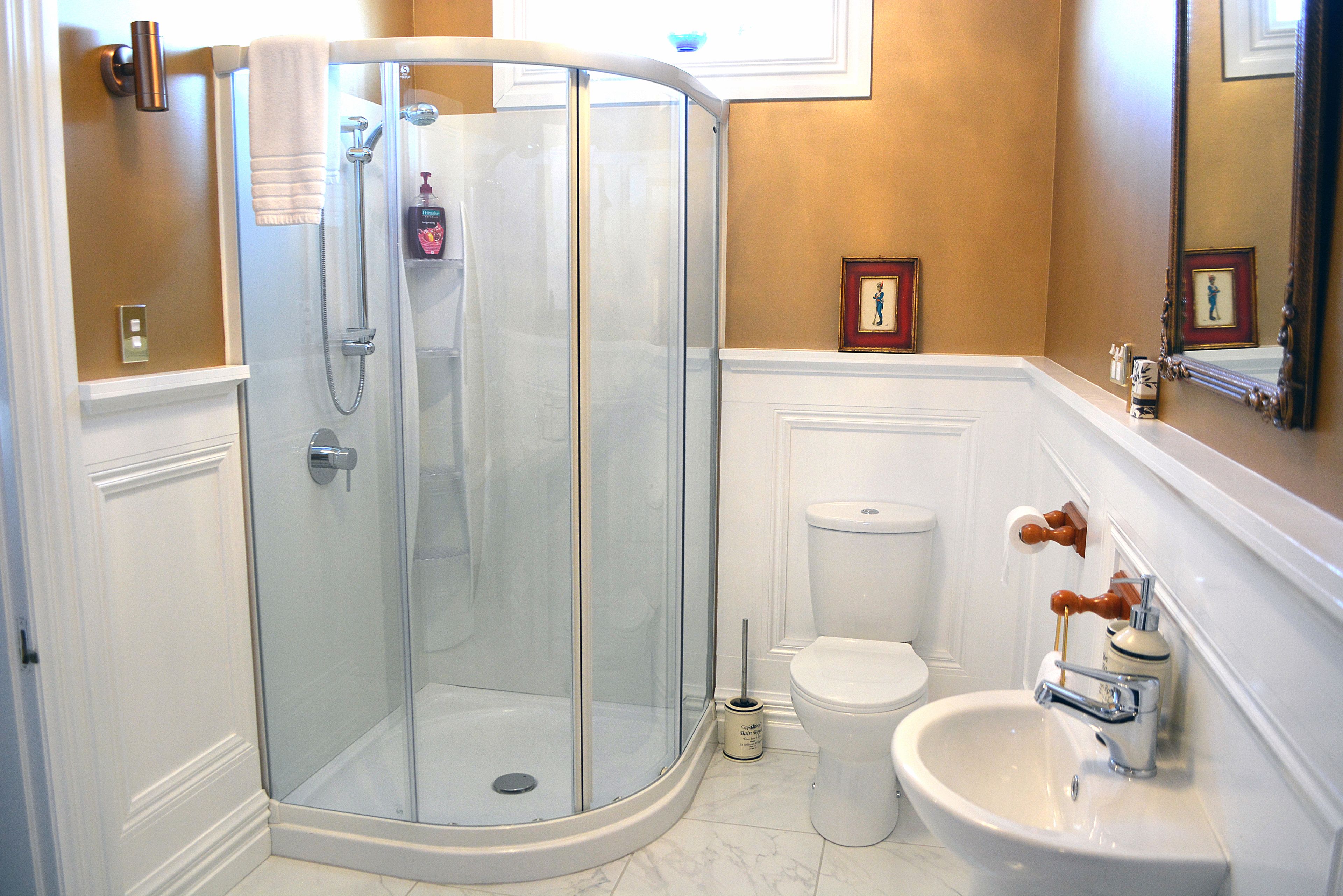 A bathroom with a glass-enclosed shower, a white toilet, and a sink with a mirror.