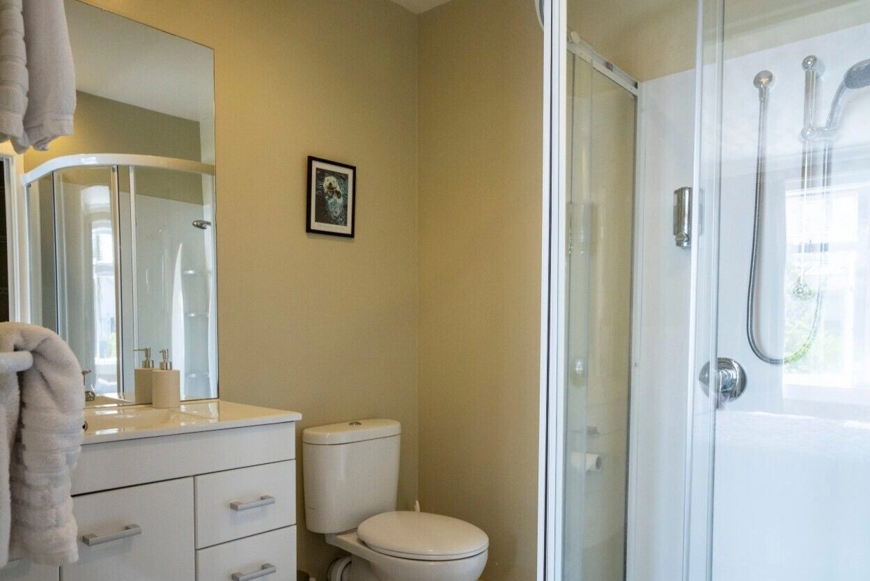 Un baño con inodoro, lavamanos con espejo y zona de ducha con mampara de cristal.