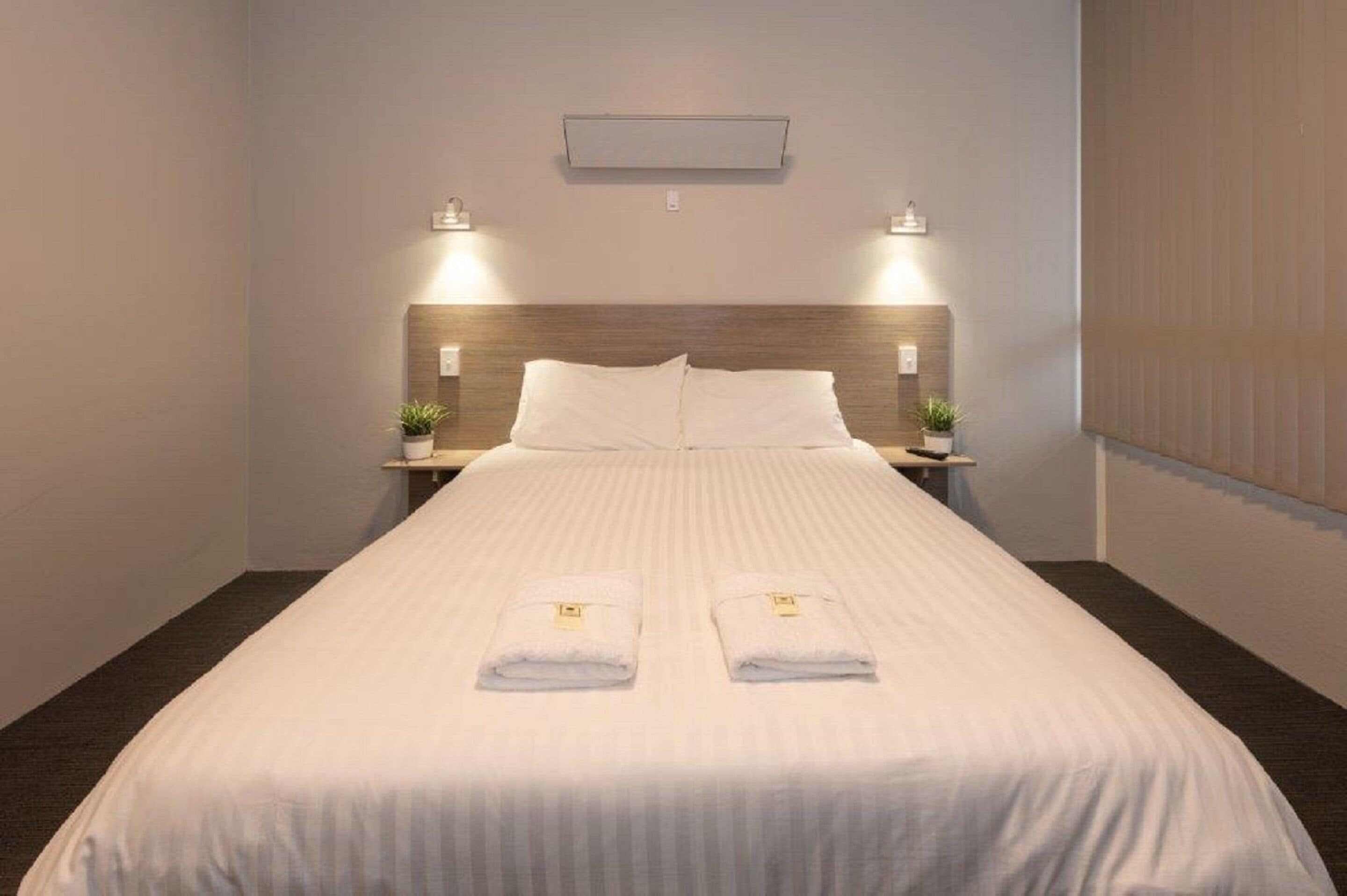 Habitación de hotel con una cama grande, dos mesitas de noche con lámparas, aire acondicionado instalado en la pared y dos plantas en macetas.