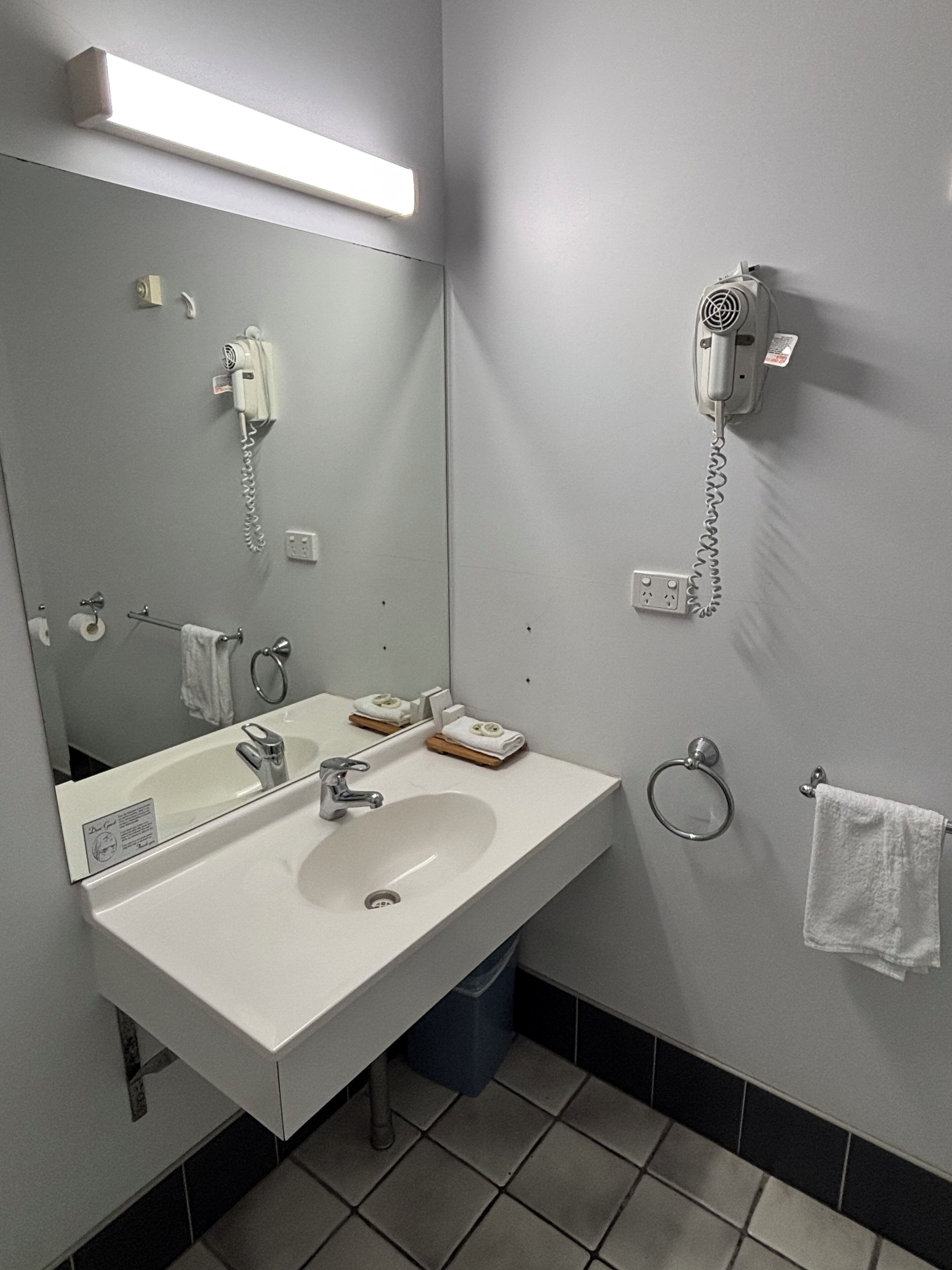 A bathroom with a large mirror, two sinks, a hairdryer, a towel rack, and a toilet paper holder.