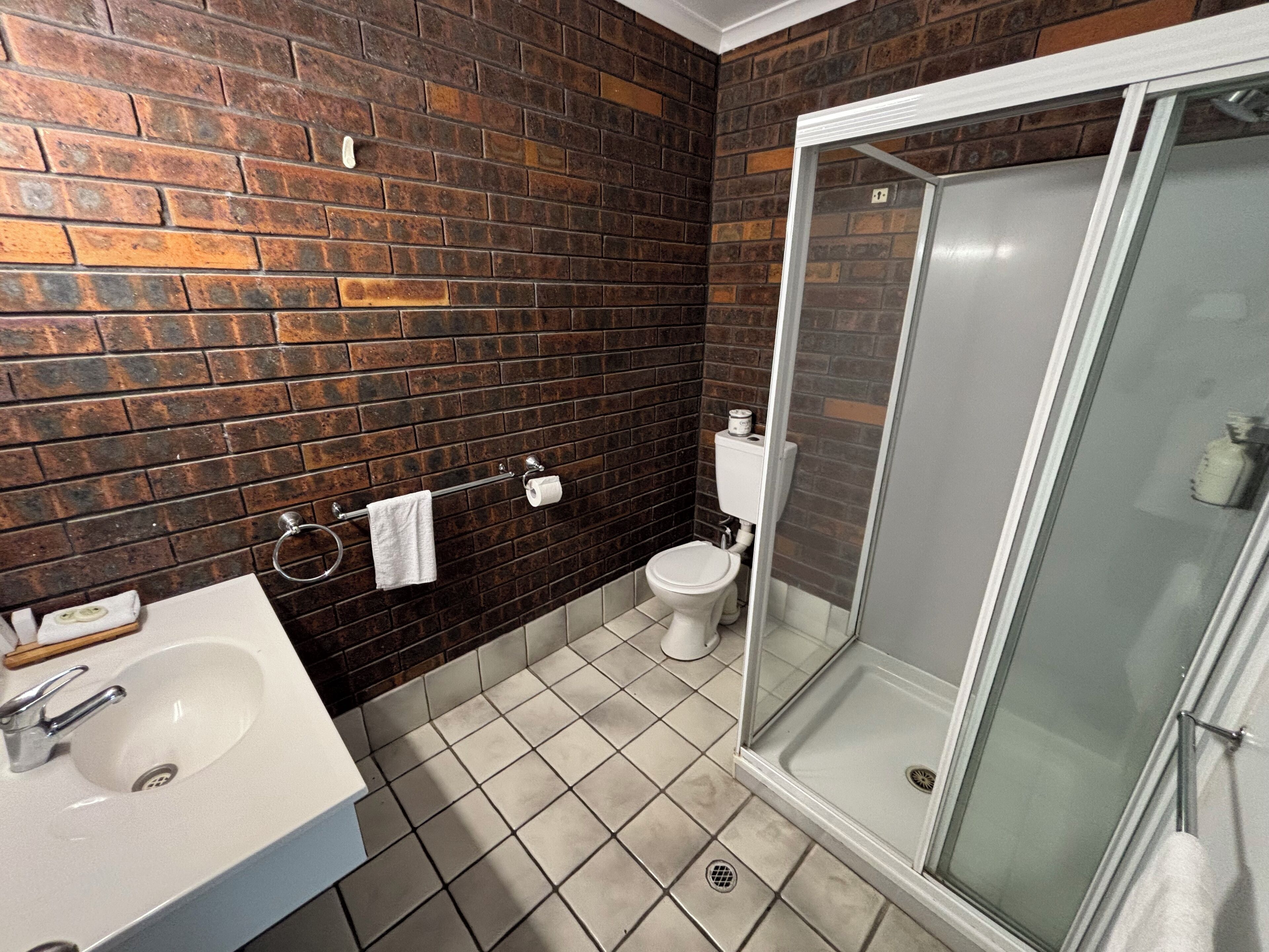 A bathroom with a white sink, a toilet, and a glass-enclosed shower.