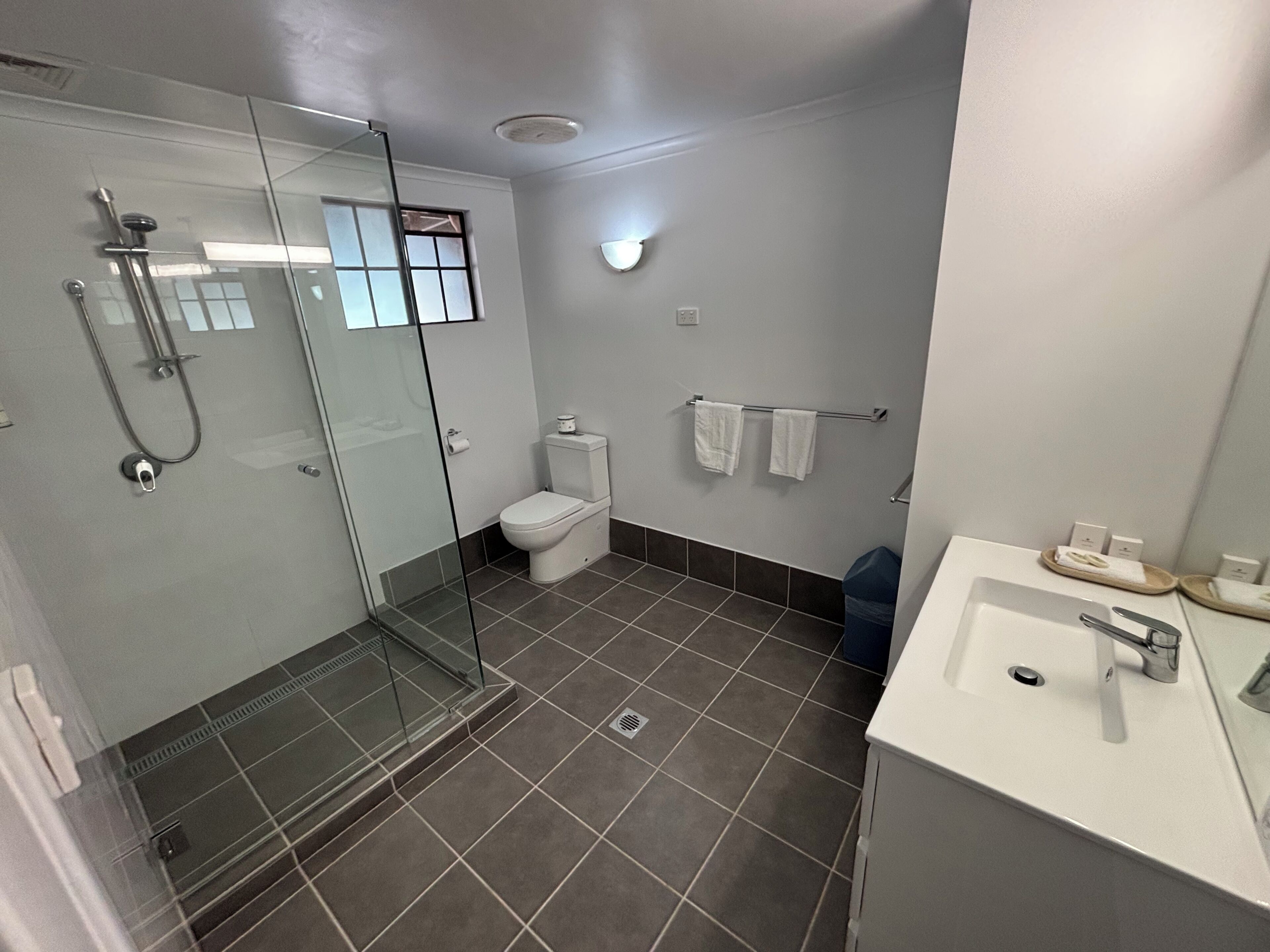 A modern bathroom with a glass-enclosed shower, a toilet, and a sink with a mirror.
