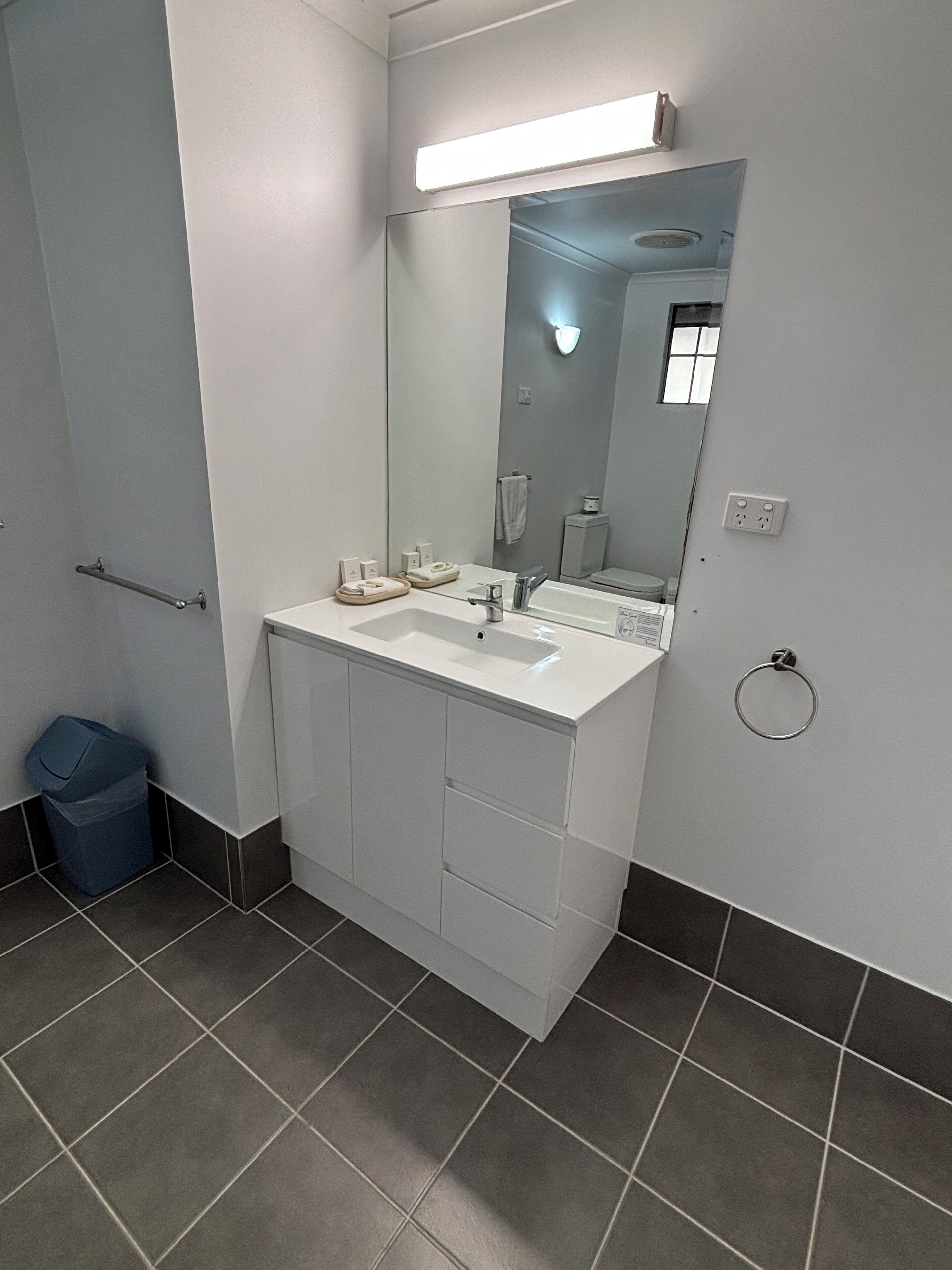 A modern bathroom with a white sink, mirror, and cabinet. There is a blue trash bin and a towel ring on the wall.