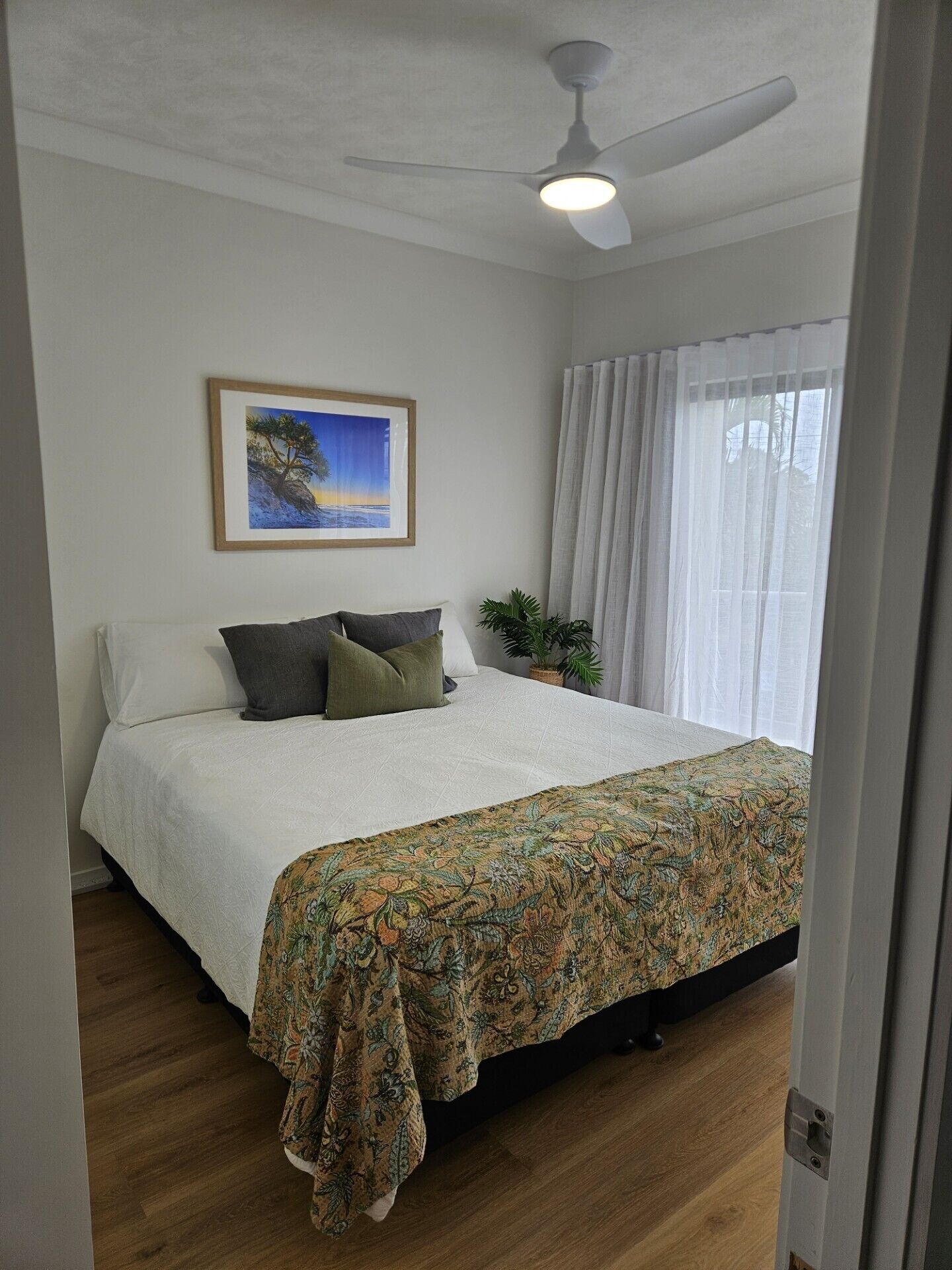 A bedroom with a bed, a ceiling fan, a window with curtains, a framed picture on the wall, and a potted plant.
