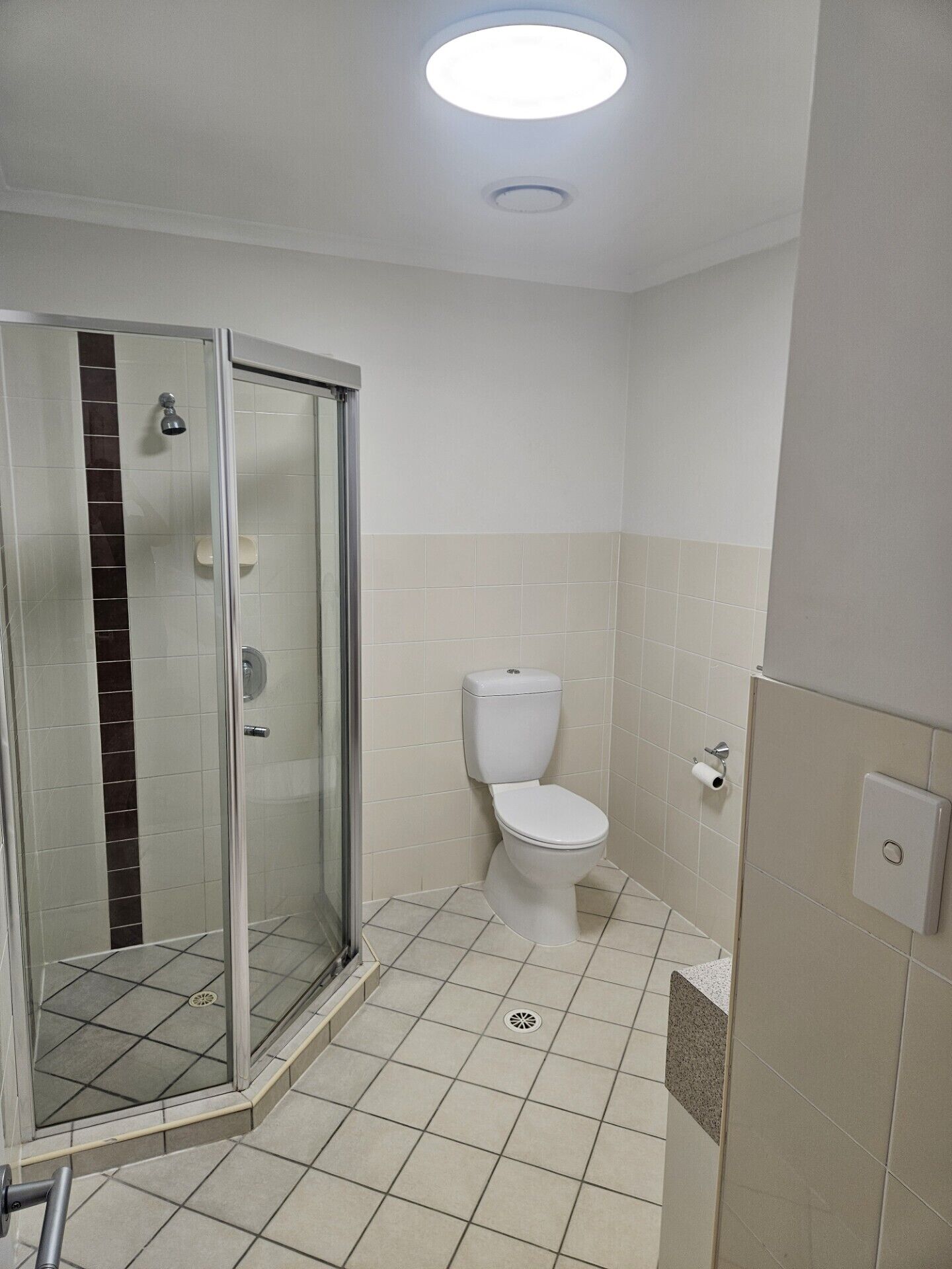 Un baño con cabina de ducha de vidrio, un inodoro y una lámpara en el techo.