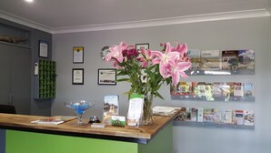 A reception desk with a vase of pink lilies, framed certificates on the wall, and a green display case.