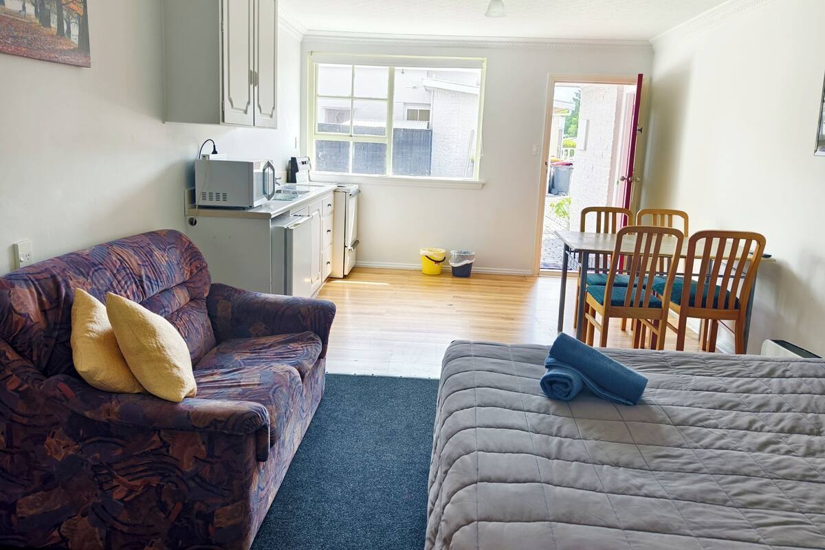 A compact room with a sofa, a bed, a small kitchenette, and a dining area with chairs.