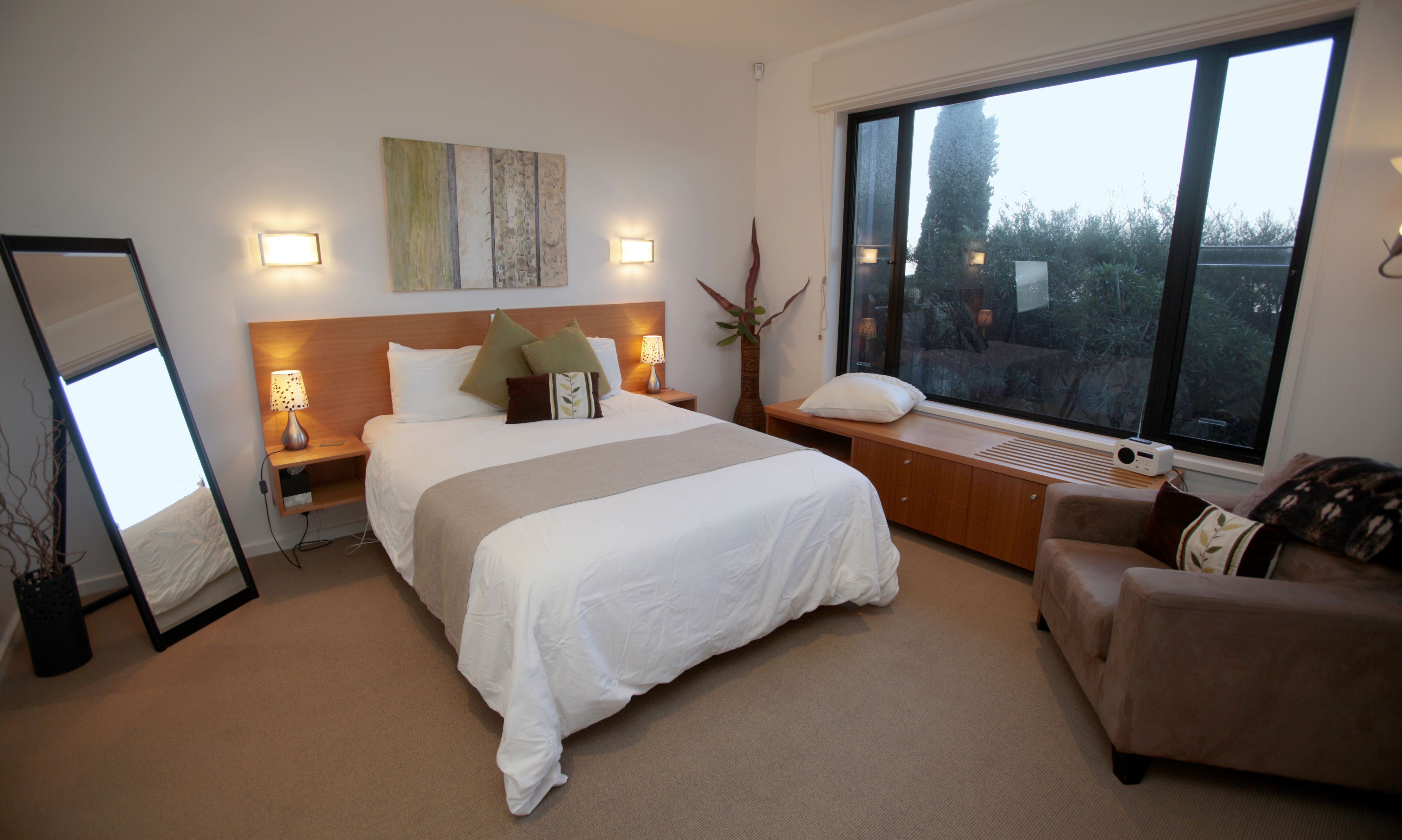 1 bedroom, premium bedding, blackout curtains, soundproofing