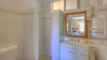 A bathroom with a shower, a sink, a mirror, and a toilet.