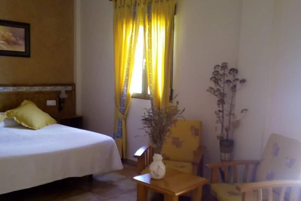 A hotel room with a bed, a chair, a small table, and a potted plant.