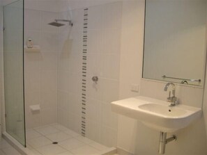 Separate bathtub and shower, free toiletries, hair dryer, towels