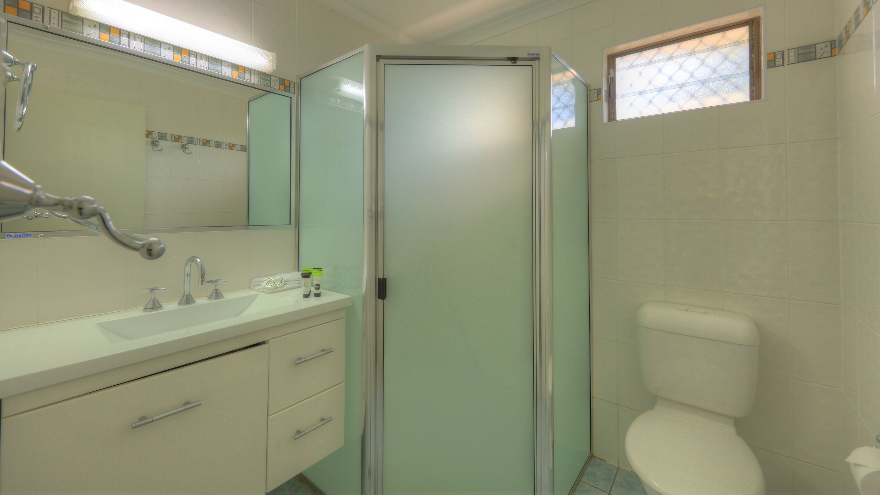 A bathroom with a glass-enclosed shower, a sink with a mirror, and a toilet.