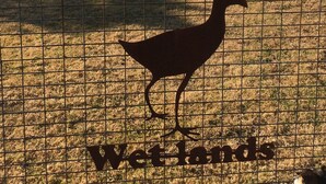 A fence with the words "Panboola Wetlands" and a silhouette of a bird. - Idlewilde Country & Town Motorinn (Pambula)
