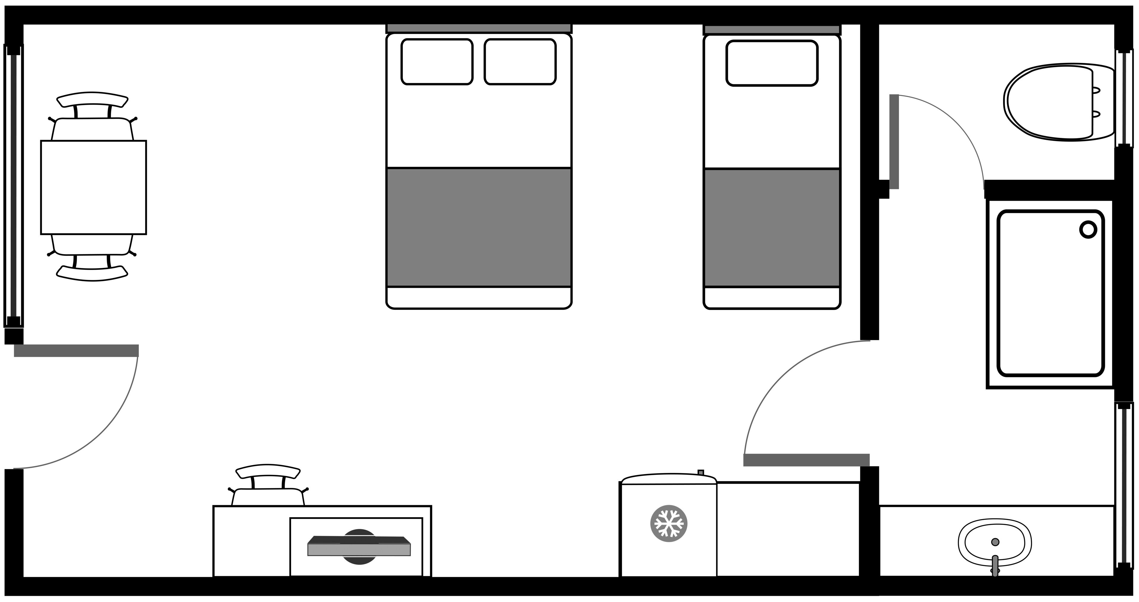 A hotel room layout with a bed, a desk, a chair, a wardrobe, and a bathroom.