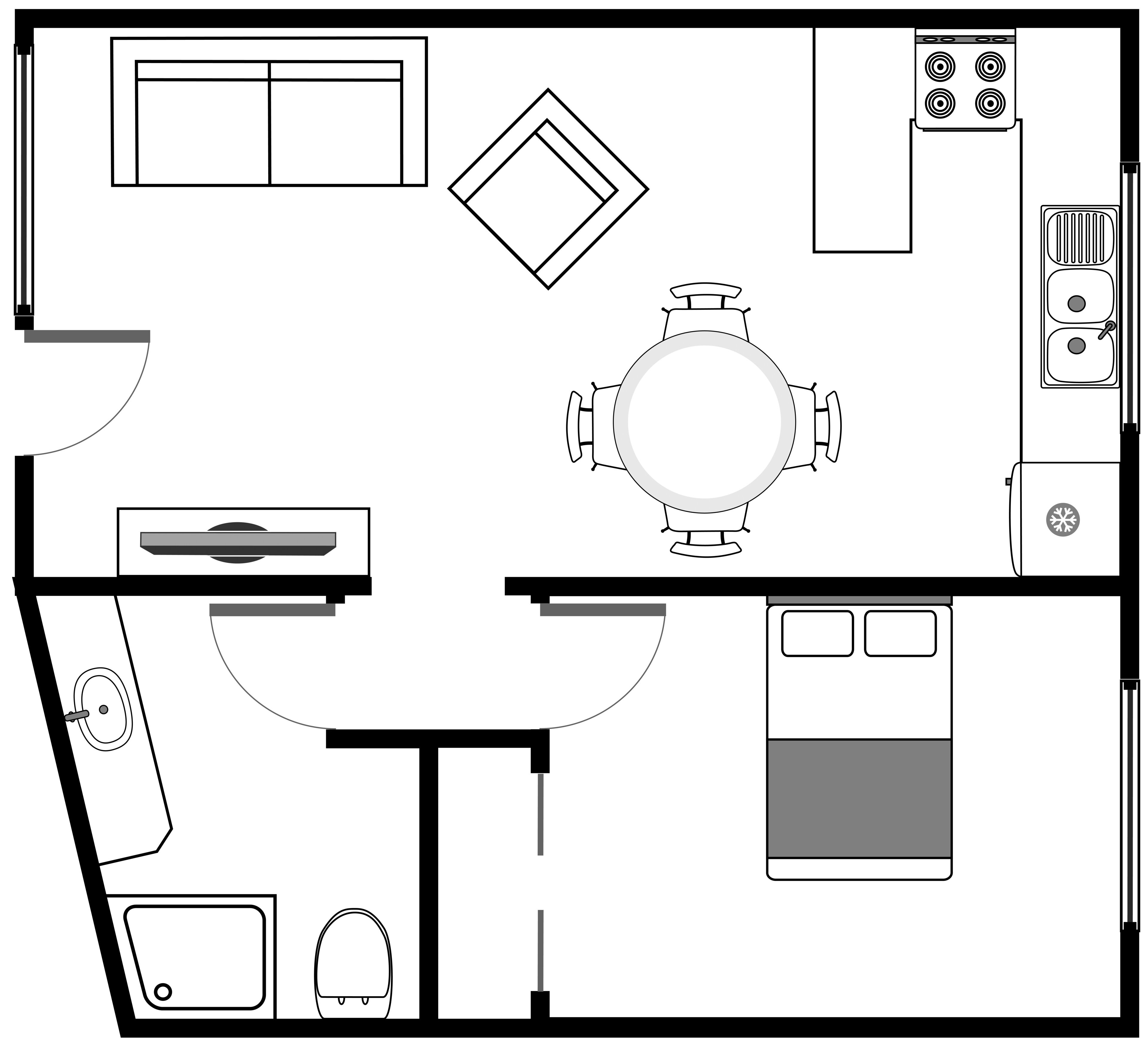 Una cocina con estufa, lavamanos y comedor.
