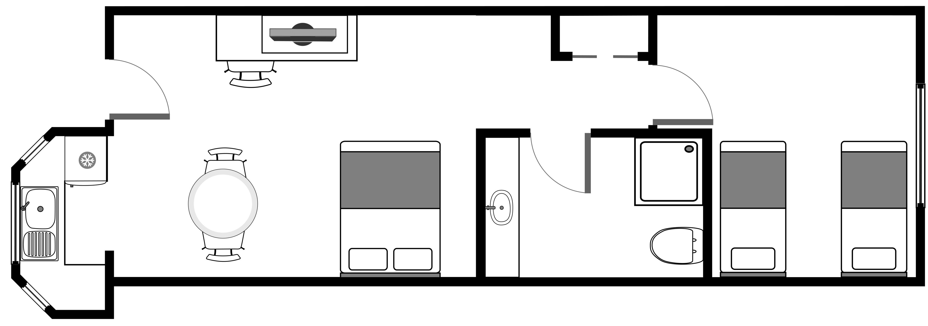 Un plan d’étage d’une chambre d’hôtel comprenant un lit, un bureau, une chaise, une petite table, un canapé, une salle de bain et une fenêtre.