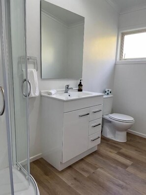 Un baño con cabina de ducha de vidrio, un lavamanos blanco con un espejo encima y un inodoro.