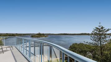 A clear view of a river from a bridge with a railing, surrounded by greenery.