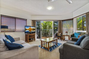 42-inch flat-screen TV with digital channels, TV, DVD player