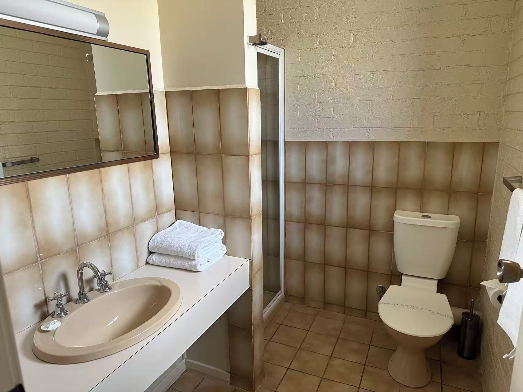Un baño con lavamanos, espejo, inodoro y ducha.