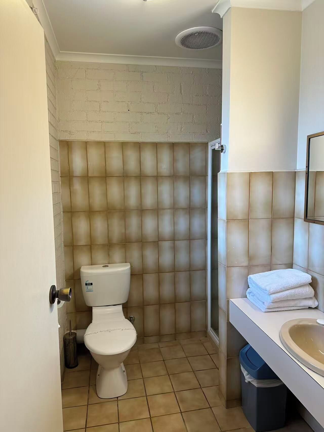 A bathroom with a toilet, a shower, and a sink.