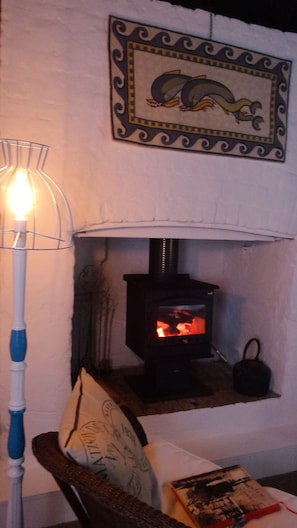 A cozy room with a fireplace, a lamp, a cushion, and a framed picture on the wall.