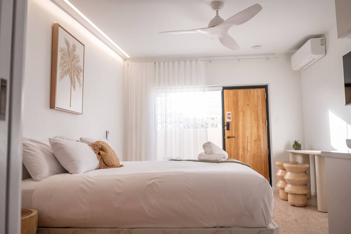 A bedroom with a bed, a ceiling fan, a wooden door, and a small table with a plant.