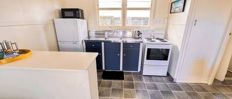 A compact kitchen with a refrigerator, stove, microwave, and a sink.