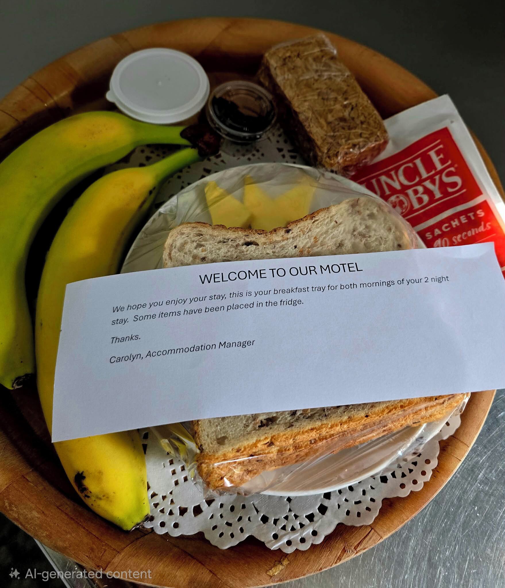 A breakfast tray with bread, butter, jam, and a note from the accommodation manager.
