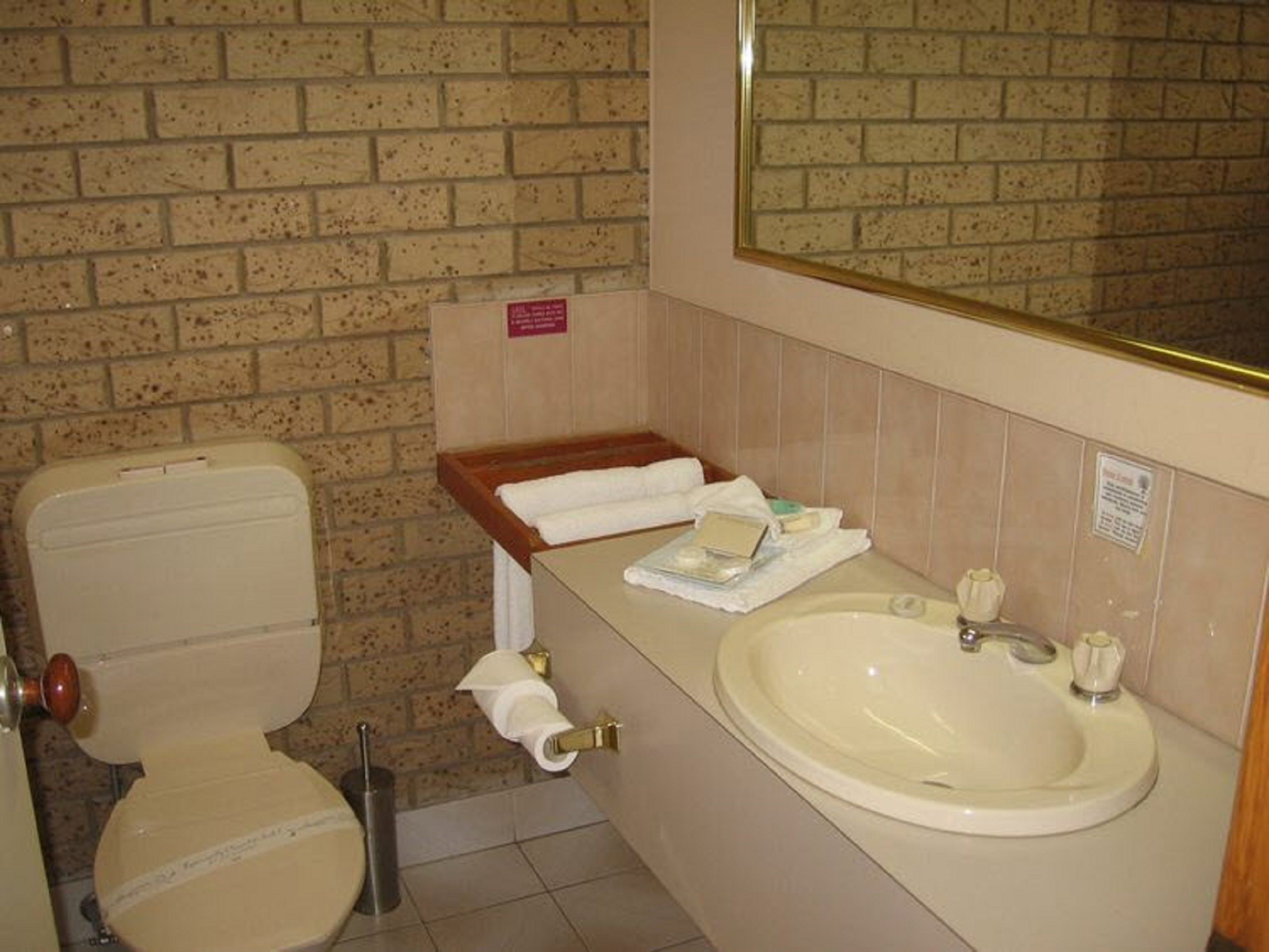 A bathroom with a toilet, sink, and a mirror.