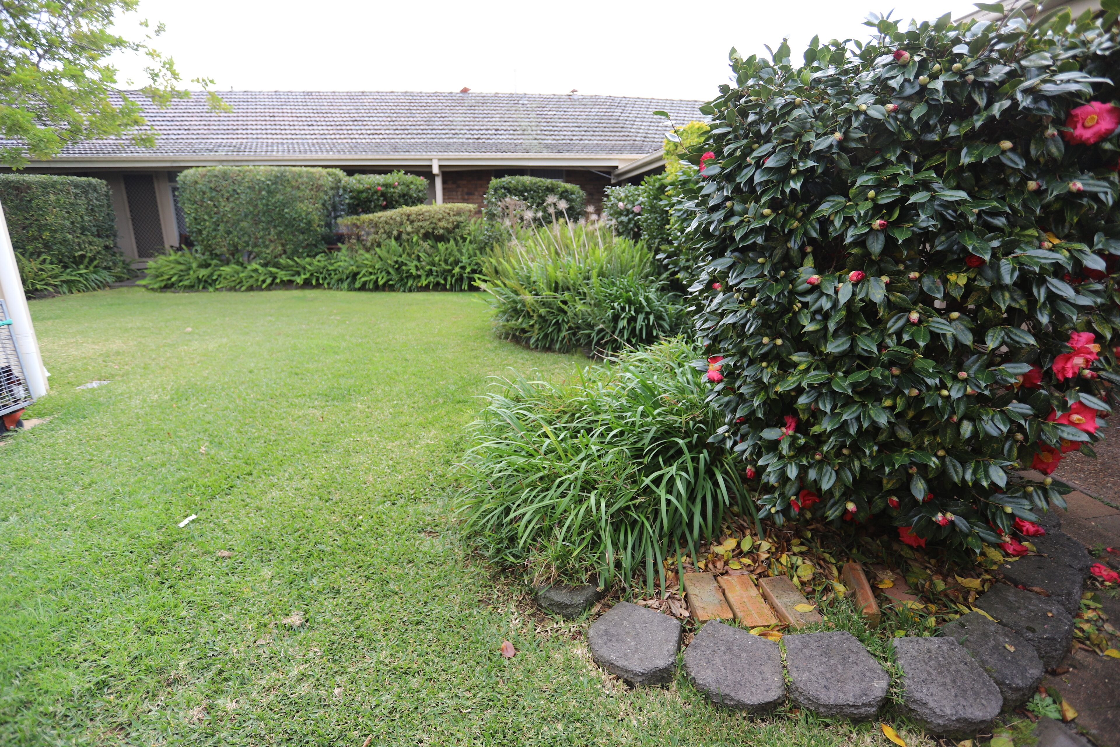 A well-maintained garden with a lawn, various shrubs, and a brick pathway.