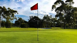 A golf course with a red flag, green grass, and trees in the background. - Costa Rica Motel (South West Rocks)