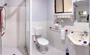 A bathroom with a shower, toilet, sink, and a mirror.