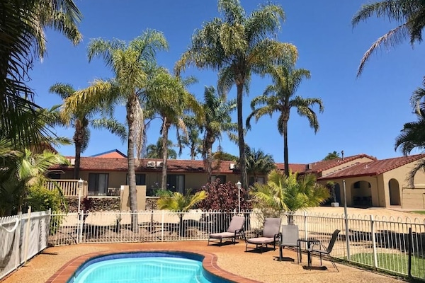Seasonal outdoor pool, pool loungers