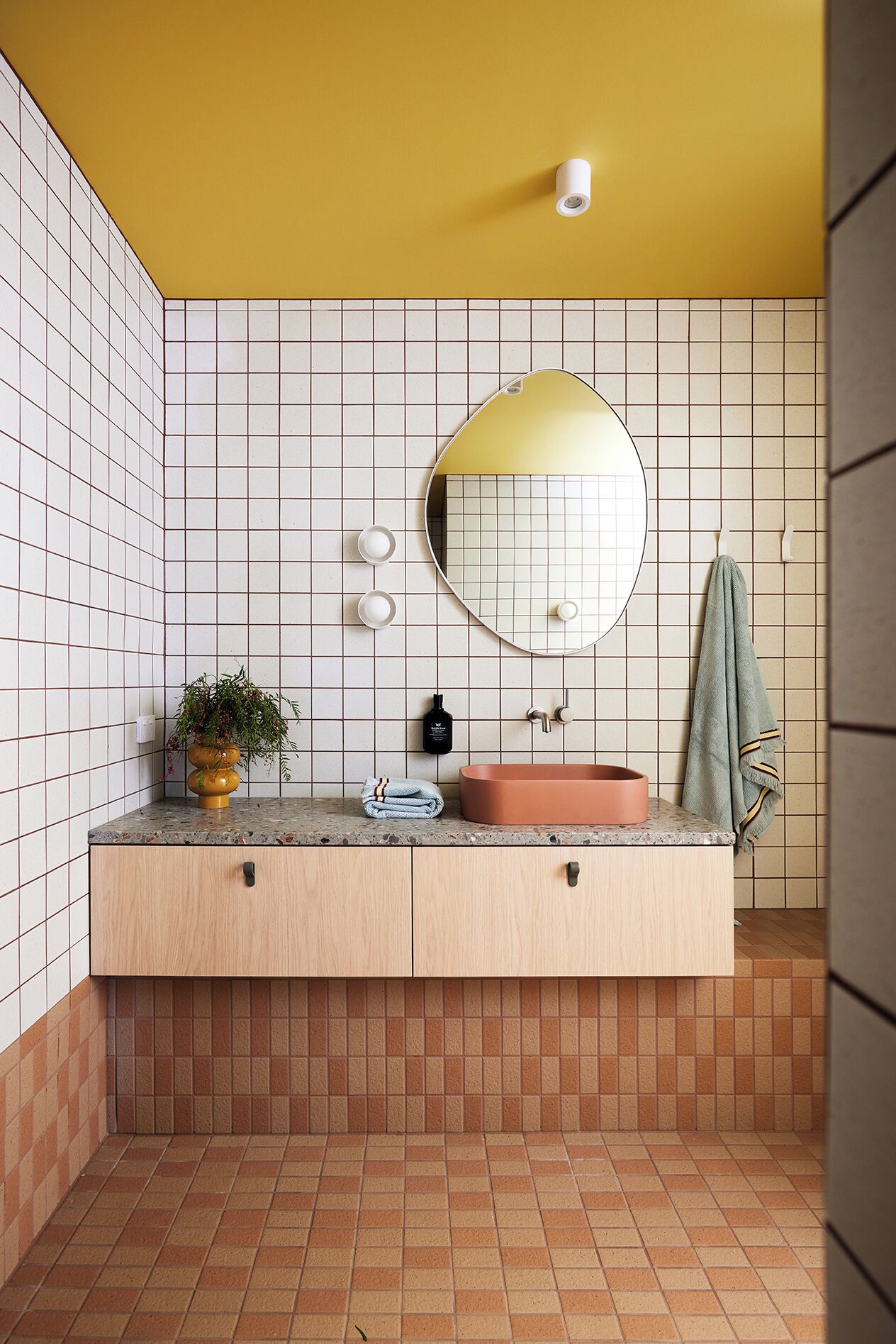 A bathroom with a sink, mirror, towel rack, and a potted plant.
