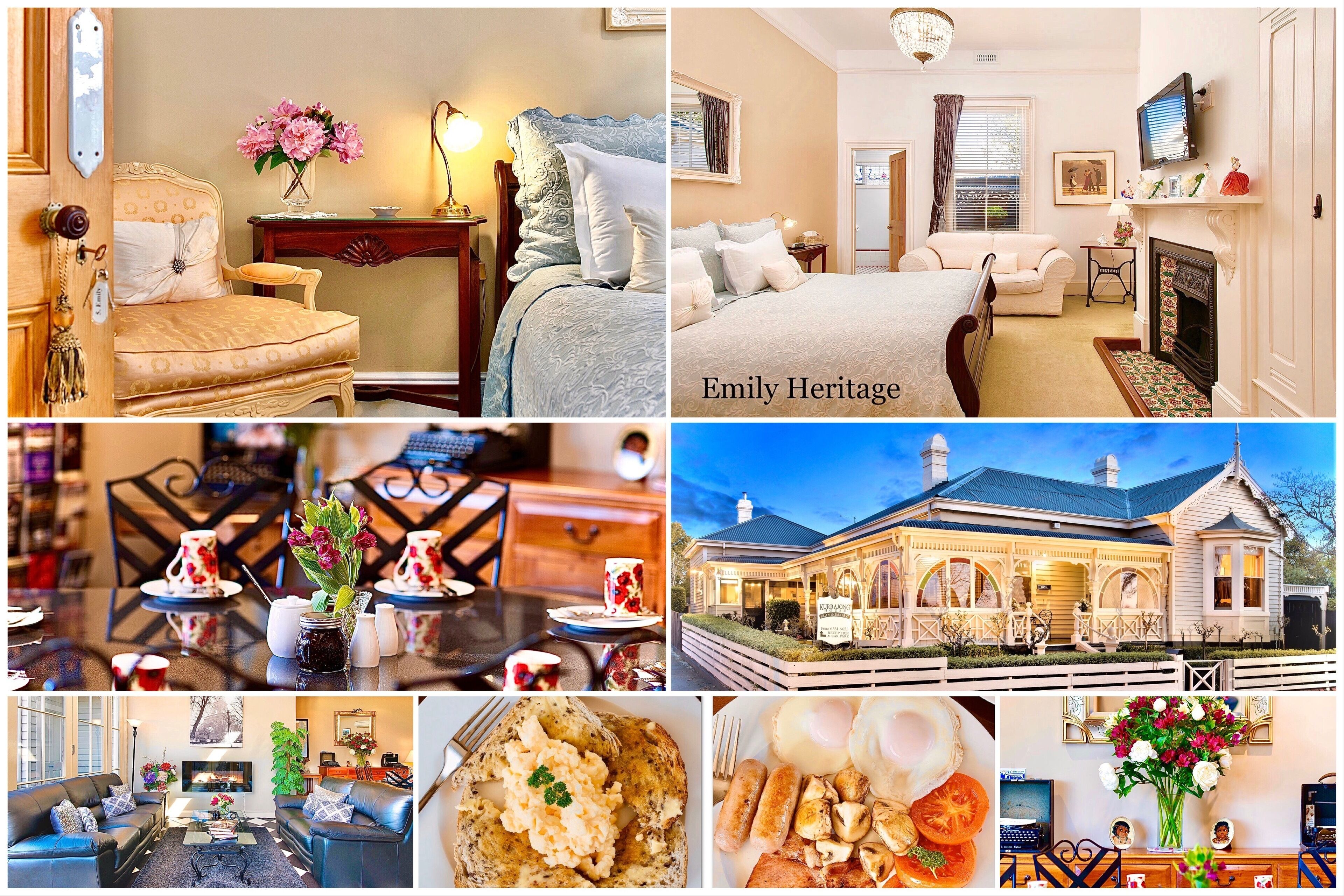 A hotel interior with a bedroom, dining area, and living room.