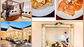 Una cama con dosel, una mesa de comedor con sillas, un espejo con marco decorativo y un florero con flores.