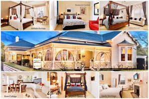 Conjunto de propiedades históricas con estilos arquitectónicos diversos, que incluyen una cama con dosel, un invernadero y una cocina tradicional.