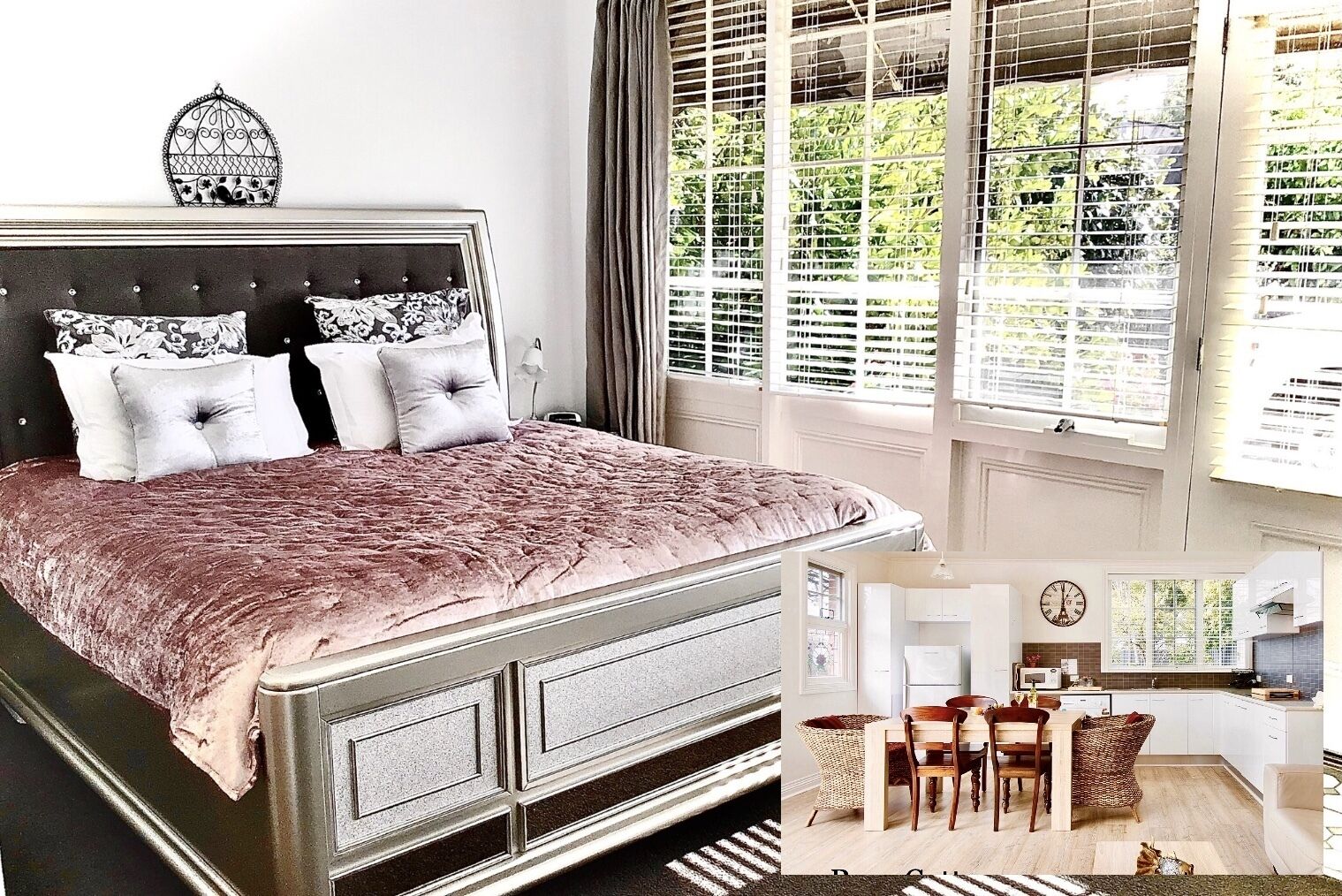 Une chambre à coucher avec un grand lit, une table de chevet et une fenêtre avec des stores.