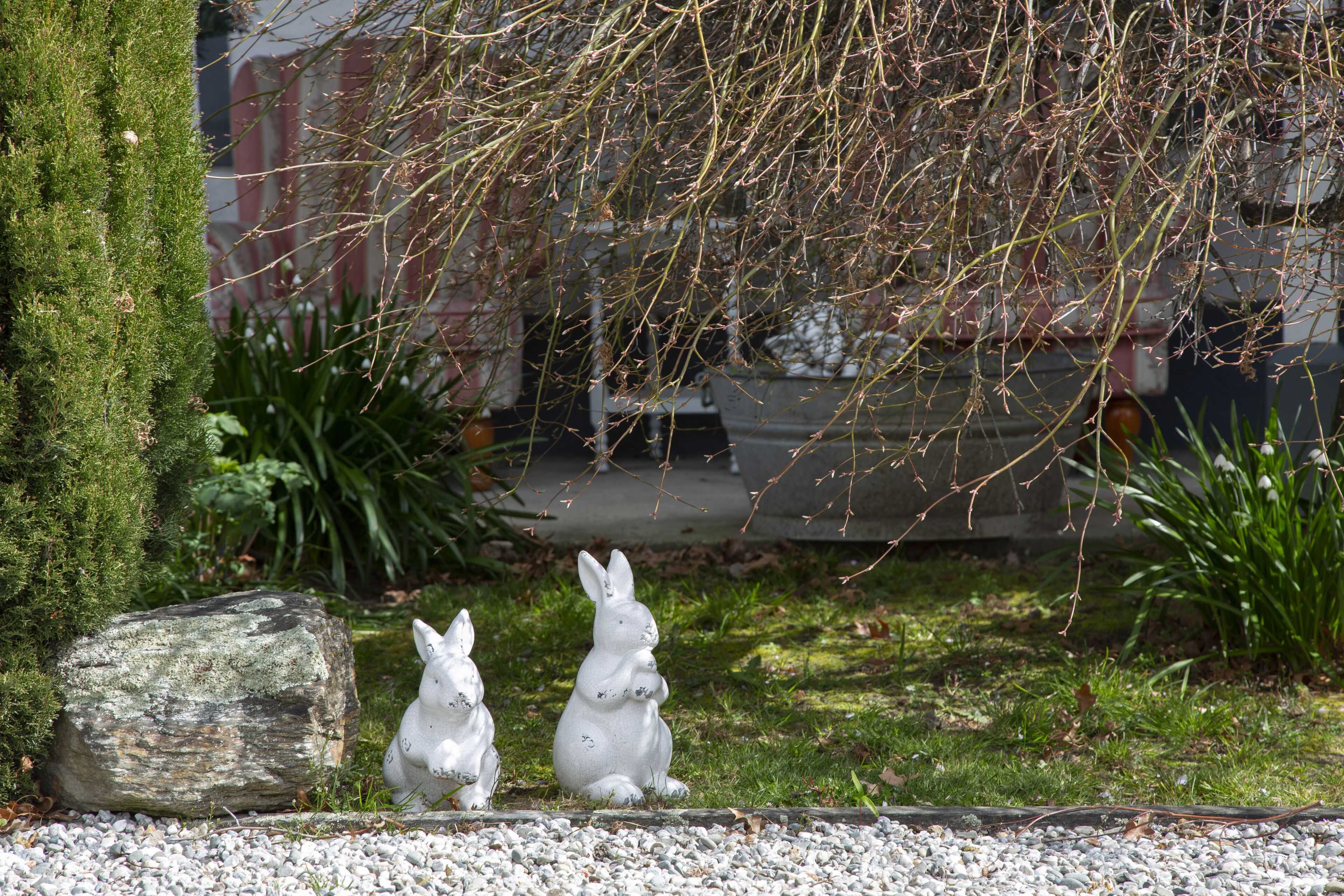 Two white rabbit sculptures on a gravel path with a moss-covered tree and a concrete planter in the background.