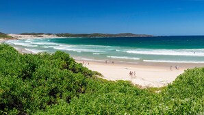 Una playa con agua turquesa cristalina, orillas de arena y vegetación verde exuberante al frente.