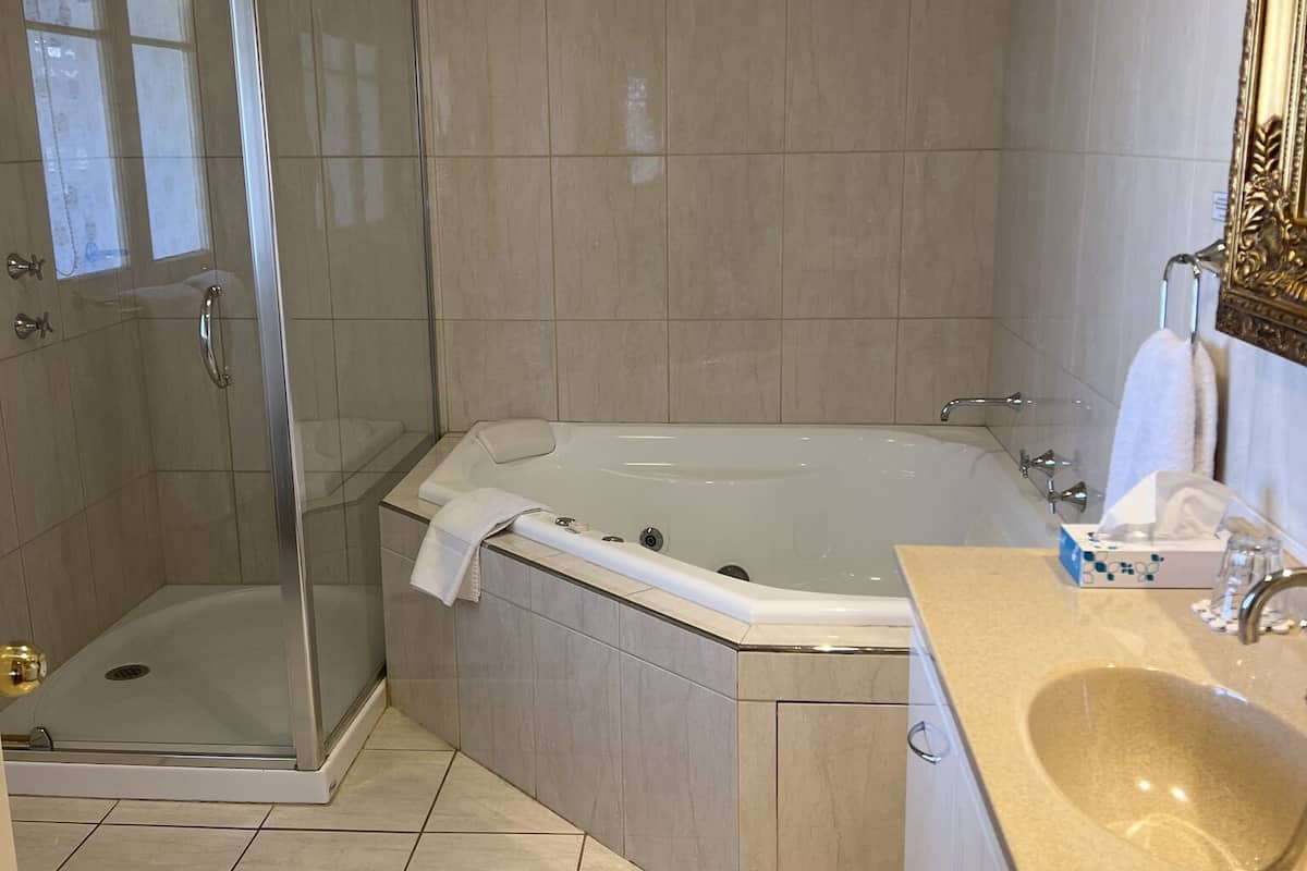 deluxe suite | bathroom | separate bathtub and shower, jetted bath, hair dryer, towels